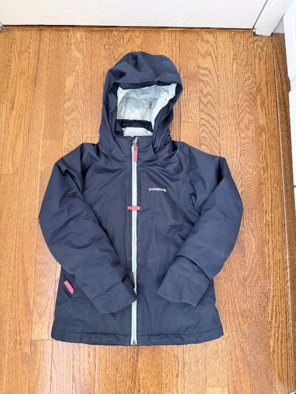 Patagonia Girls Snowbelle Ski Jacket Navy Pink Removable Hood Waterproof